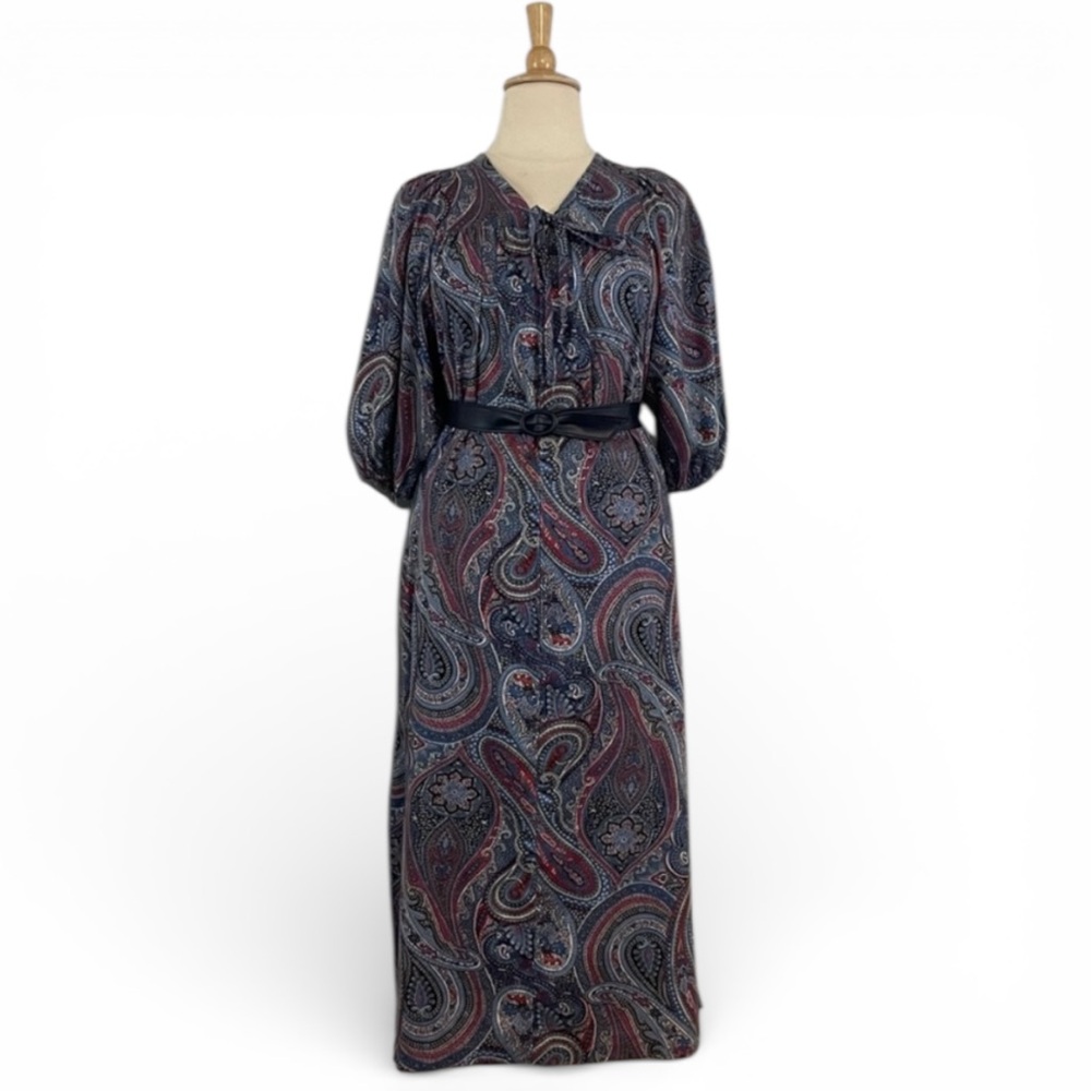 Vintage Paisley Maxi Dress Women’s XL Shift V-Neck Short Sleeve‎ Retro Cottage